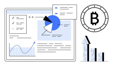 Grafikleri, pasta diyagramlarını ve veri analizini gösteren dijital monitör. Bitcoin sembolü ve yükselen bar grafiği. Finans, yatırım, kripto para birimi, ekonomi, istatistiksel analiz, finans için ideal