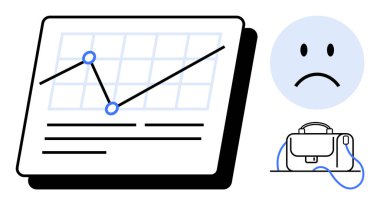 Aşağı doğru eğilimli grafik ekranı, iki veri noktası, şebeke çizgileri, üzgün yüz ve evrak çantası. İş analizi, mali raporlama, piyasa düşüşü, performans değerlendirmesi ve ekonomik kriz için ideal