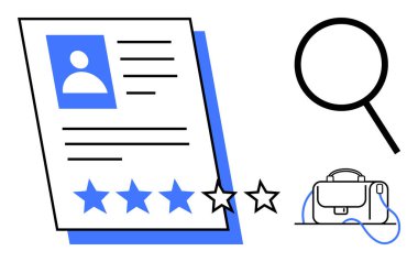 Fotoğraf ve mesajla işe devam, dört mavi yıldız, büyüteç ve evrak çantası. İşe alım, kariyer tavsiyesi, İK süreçleri, iş başvuruları, görüşme hazırlıkları, işe alım değerlendirmeleri için ideal