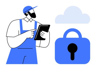 Bulut veri güvenliğiyle iletişim kurarken tablet kullanan basit tulumlu bir işçi. Bulut hesaplama, veri yönetimi, bilişim güvenliği, dijital iş gücü ve siber koruma için ideal. Modern vektör