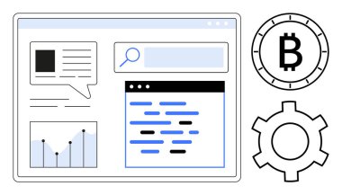 Sohbet penceresi, kodlama ekranı, arama çubuğu, finansal grafik, Bitcoin sembolü ve dişli simgesi ile gösterge paneli arayüzü. Kripto para ticareti, veri analizi, finansal araçlar ve fintech için ideal