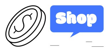 Dolar işaretli sikke ve Atölye mesajlı konuşma balonu. Perakende satış, e-ticaret, online alışveriş, iş ve finans konuları için ideal. Mavi ve siyah renkli modern vektör biçimi