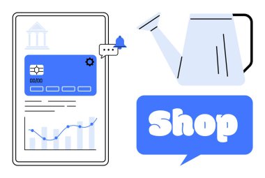 Cep telefonu ekranında kredi kartı, ayarlar, mesaj simgesi ve büyüme grafiği var. Yanında bir su kovası ve bir dükkan tabelası var. Finans, e-ticaret ve bankacılık için ideal.