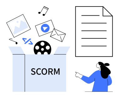 SCORM package elements including a video reel, code, image, music note, letter, and envelope emerge from a box, accompanied by a user pointing at a document. Ideal for e-learning, digital content clipart