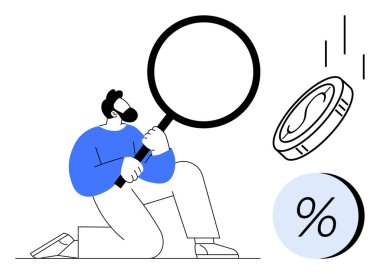 Profesyonel iş adamı, büyüteçle büyük para ve yüzde sembolü analiz ediyor. Finans, yatırım, bütçe, tasarruf, ekonomik analiz, iş stratejisi ve mali içgörü için ideal