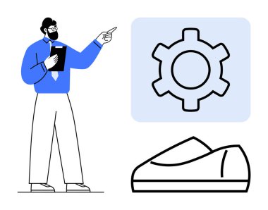 Dişli ve ayakkabı prototip simgelerine bakan bir iş adamı. Sunumlar, yenilik, imalat, ürün geliştirme, iş stratejisi, eğitim ve öğretim için ideal