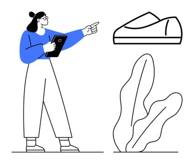 Ayakkabı modelini gösteren panosu olan bir kadın. Ön planda büyük yaprak bitkisi. E-ticaret, perakende, teknoloji entegrasyonu, eğitim, ürün tanıtımı, moda endüstrisi, dijital