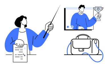 İşaretçi ve kağıt eğitimi veren eğitmen, ekranda kupa tutan sanal katılımcı ve bir evrak çantası. Çevrimiçi öğrenme, uzaktan eğitim, koçluk, webinarlar, sanal toplantılar, kurumlar için ideal