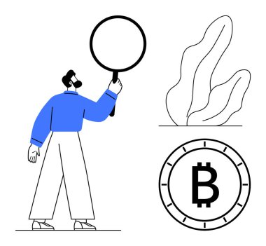 Mavi gömlekli ve beyaz pantolonlu bir adam, soyut yaprakların yanında büyük bir Bitcoin sembolünü inceleyen bir büyüteç tutuyor. Kripto para birimi araştırmaları, yatırımlar, finansal analizler, engelleme zinciri için ideal