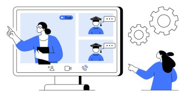 Çevrimiçi sınıfta bir eğitmen ekranı işaret ediyor ve sanal başlıklar takmış öğrenciler etkileşimde. Çevrimiçi eğitim için ideal, sanal toplantılar, webinarlar, e-öğrenme, dijital sınıflar. Modern daire