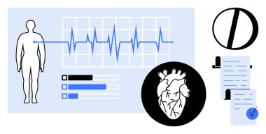 Tıbbi veri görselleştirmesi, kalp atışı grafikleri, kalp anatomisi çizelgesi ve tıbbi belgeleri olan bir insan tasviri. Kardiyoloji, sağlık, hasta izleme, tıbbi kayıtlar ve veriler için ideal