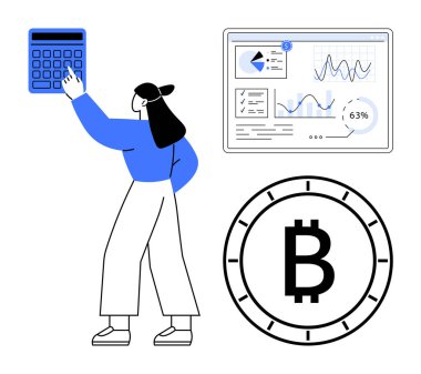 Hesap makinesi kullanan kadın karakter, finansal tabloları analiz eden ve Bitcoin sembolü olan. Finans, yatırım, kripto para birimi, veri analizi, iş stratejisi, ekonomik hedefler için ideal