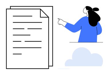 Profesyonel bir figür bir yığın belgeyi işaret eder. İş sunumları, işyeri iletişimi, belge yönetimi, profesyonel eğitim, eğitim materyalleri için ideal. Etkileşimli vektör