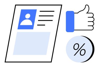 Baş parmak ve yüzde simgelerinin yanında kullanıcı profili kartı. Sosyal medya için ideal, kullanıcı geribildirimi, profil oluşturma, değerlendirme sistemleri, çevrimiçi değerlendirmeler, müşteri memnuniyeti, dijital kimlik. Çizgi