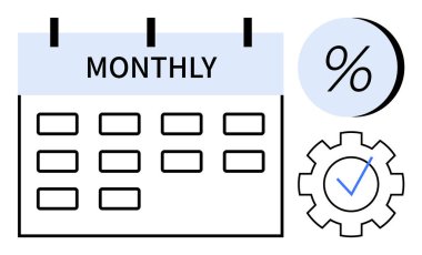 Aylık etiketli takvim, yüzde sembolü ve işaretli teçhizat. Program, verimlilik araçları, görev yönetimi, mali planlama, zaman izleme, iş stratejisi, eğitim