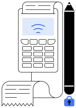 Faturalı dijital ödeme terminali, sağında büyük bir kalem ve güvenli ödemeyi gösteren bir güvenlik kilidi sembolü. Dijital finans teknolojisi, güvenlik, bankacılık, e-ticaret ve perakende için ideal