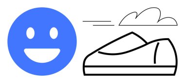 Mavi mutlu yüz, siyah çizgili koşu ayakkabısının yanında hareket çizgileri ve beyaz bulutlar. Fitness, spor, mutluluk, motivasyon, aktif yaşam tarzı, spor giyim ve sağlık için ideal. Çizgi