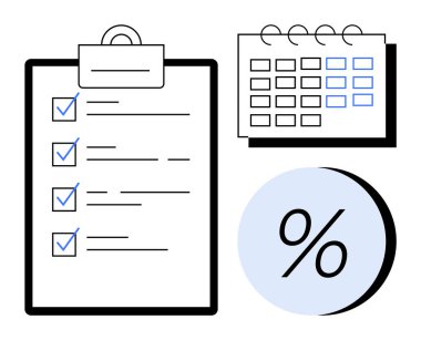 Pano üzerinde kontrol işaretleri olan yapılacaklar listesi, ızgaralı spiral takvim ve büyük yüzdelik sembol. Görev yönetimi, proje planlaması, zamanlama, hedef belirleme, verimlilik izleme için ideal