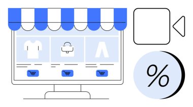 Mağaza başlıklı masaüstü monitörü bir gömlek, çanta ve pantolon için ürün simgelerini görüntüler. Alışveriş arabası düğmeleri, indirim tabelası, ön yön bulma düğmeleri. E-ticaret, perakende, satış için ideal