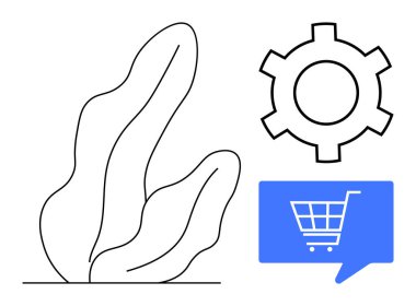 Bir çark ve içinde alışveriş arabası olan mavi bir konuşma balonunun yanında soyut bir bitki çizimi. E-ticaret, iş otomasyonu, dijital pazarlama, çevrimiçi alışveriş, teknoloji için ideal