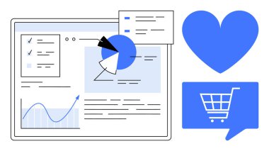 Ekranda pasta grafiği, çizgi grafiği ve analitik belge içeren veri grafikleri gösteriliyor. Mavi kalp ve alışveriş arabası simgeleri eCommerce ve müşteri ilişkilerini simgeler. Pazarlama ve veri analizi için ideal