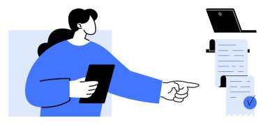 Bir dizüstü bilgisayarın yanında yüzen belgeleri gösteren bir tablet tutan karakter. İş iletişimi, dijital teknoloji, iş akışı organizasyonu, ofis yönetimi, çevrimiçi belgeler için ideal