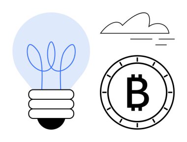 Asgari lifli ampul, bozuk paranın içinde Bitcoin sembolü, basit çizgileri olan bulut. Kripto para birimi, yenilik, teknoloji, finans, girişimler, dijital varlıklar, minimalist tasarım için ideal
