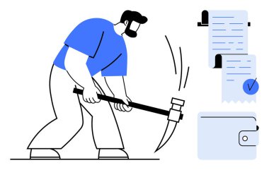 İş hareketinde kazma tutan bir adam. Dijital cüzdan ve üzerinde kontrol işareti olan iki engelli belge. Kripto para birimi, engelleme zinciri, dijital finans, madencilik süreci, dijital ekonomi için ideal