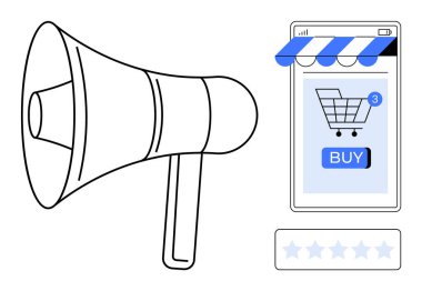 Megaphone beside a mobile phone screen displaying an online shopping cart with a buy button and three notifications. Includes a five-star rating system. Ideal for ecommerce, online marketing, digital clipart