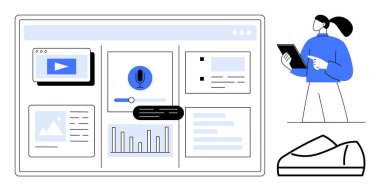 Ekrandaki çeşitli gereçler video, mikrofon ve grafiği içerirken, bir kişi tabletle ayakta durmaktadır. Dijital içerik oluşturma, proje yönetimi, analitik, web geliştirme, yazılım UI için ideal