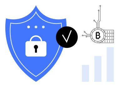 Kilitli mavi bir kalkan, işaretli bir sembol devre çizgileri olan bir Bitcoin logosu ve bir çubuk grafiği. Siber güvenlik, Bitcoin işlemleri, veri koruması, dijital finans ve engelleme zinciri için ideal