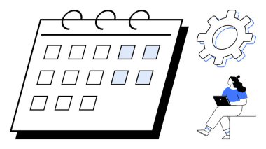 Seçilen tarihlerin altı çizili olduğu büyük takvim, ayarları veya işlemleri sembolize eden dişli simgesi ve dizüstü bilgisayarlı oturan kadın. Üretkenlik, planlama, zaman yönetimi, zamanlama ve proje için ideal