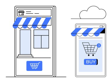 Geleneksel bir mağazanın yanındaki akıllı telefondaki dijital vitrin fiziksel perakendecilikten e-ticarete geçişi gösteriyor. Çevrimiçi alışveriş perakende dönüşümü için ideal dijital pazarlama