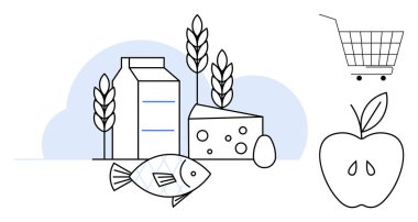 Süt, peynir, balık, elma ve alışveriş arabası da dahil olmak üzere temel bakkaliye malzemeleri. Sağlıklı beslenme, yemek planlaması, market alışverişi, beslenme eğitimi, gıda endüstrisi için ideal. Minimalist