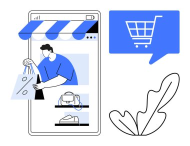 Alış veriş torbaları elinde akıllı bir telefondan çevrimiçi bir mağaza vitrini, alışveriş arabası sembolü ve ürün vitrinleri bulunduran bir kullanıcı. E-ticaret, mobil uygulamalar, çevrimiçi perakende satış, dijital pazarlama için ideal