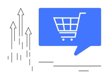Alışveriş arabası, yükselen okların yanında mavi bir konuşma balonunun içinde. E-ticaret, çevrimiçi perakende, pazar eğilimleri, iş büyümesi, satış analizleri, dijital pazarlama, ekonomik ilerleme için ideal