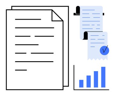 Basit kağıtlar, imzalı makbuz, minimalist tarzda bar çizelgesi. Finans, iş, muhasebe, veri analizi ve uyum için ideal. Beyaz ve mavi renkler hakim, berraklığı sembolize ediyor.