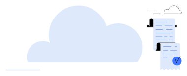 Solda açık mavi bulut, bir belge parşömeni ve sağda kontrol işareti var. Bulut depolama, veri yönetimi, dijital belgeler, görev doğrulama, teknolojik çözümler için ideal. Basit ve modern.