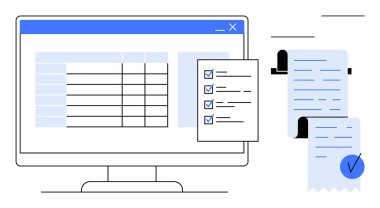 Bilgisayar monitörü basılı makbuzların yanında bir tablo ve liste gösteriyor. Görev yönetimi, dijital organizasyon, mali izleme, üretkenlik araçları, ofis işleri, proje planlaması için ideal