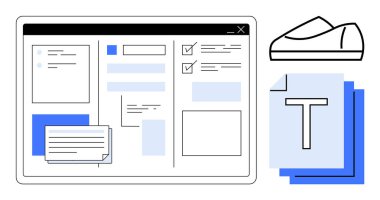Çeşitli pencere ve listelerle dijital belge düzenleme arayüzü, bir ayakkabı tasarımı çizimi ve üst üste binen metin belgeleri eşliğinde. Proje yönetimi, tasarım ve editörlük için ideal