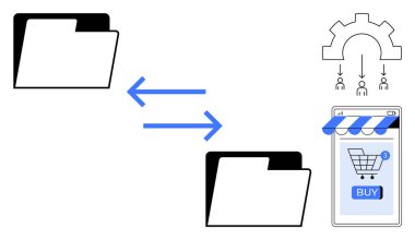 Veri transferini gösteren çift yönlü okları olan iki klasör akıllı telefon alışveriş uygulamasının yanında vites simgesi var. Dijital pazarlama, veri yönetimi, çevrimiçi alışveriş, otomasyon, mobil için ideal