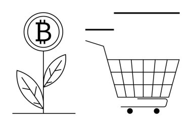 Solunda Bitcoin sembolü, sağında da alışveriş arabası olan bir bitki. Ekonomi, dijital para birimi, yatırım, e-ticaret, online alışveriş için ideal. Basit minimalist siyah-beyaz tarzı