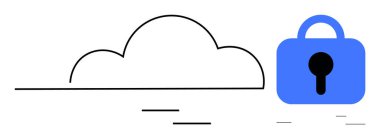 Mavi bir kilidin yanındaki bulutun ana hatları. Siber güvenlik, bulut bilgisayarı, veri güvenliği, çevrimiçi mahremiyet ve güvenli depolama temaları için ideal. Basit ve minimalist stil