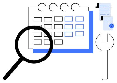 Bir takvime odaklanan büyüteç, verimlilik analizini vurguluyor. Civardaki araç pratik uygulamaları gösterir ve belgeler görev yönetimini gösterir. Üretkenlik ve planlama için ideal