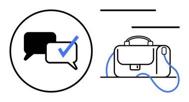 Konuşma baloncukları, bir evrak çantası simgesinin yanındaki çemberin içinde işaretli. Takım çalışması, iş iletişimi, organizasyon, proje yönetimi, kurumsal strateji, üretkenlik için ideal