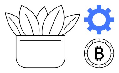 Çoklu yapraklı, mavi dişli ve bitcoin sembollü çömlek. Finans, yatırım, teknoloji, dijital para birimi, çevre dostu teknoloji, yenilik, büyüme için ideal. Satır metaforu