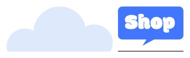 Mavi konuşma baloncuğunun yanında açık mavi bulut ve beyaz metin atölyesi. Çevrimiçi alışveriş, e-ticaret, perakende iş, bulut depolama ve dijital pazar konuları için ideal. Basit modern biçim