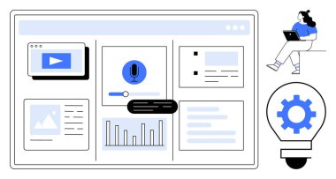Grafikleri, videosu ve ses asistanı olan dijital gösterge paneli. Dişli ampulün yanında dizüstü bilgisayar kullanan biri. Teknoloji, veri analizi, web tasarımı, eğitim, üretkenlik ve yenilik için ideal