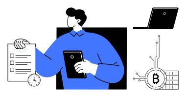 Tabletli bir adam kontrol listesi tutuyor. Sağ tarafta dizüstü bilgisayar, sağ altta bitcoin sembolü. İş stratejisi Fintech engelleme teknolojisi uzaktan kumandalı girişimcilik için idealdir. Basit modern biçim