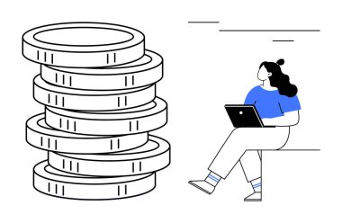 Dev bir madeni para yığınının yanında otururken dizüstü bilgisayar kullanan kişi mali planlama, yatırım stratejileri ve ekonomik büyümeyi sembolize eder. Finans, tasarruf, iş geliştirme ve dijital için ideal